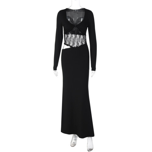 Long sleeved lace patchwork long skirt with hollowed out design