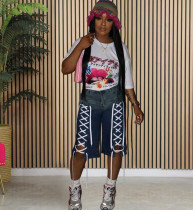 Wear rope elastic washed denim shorts