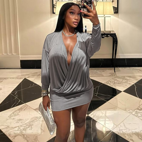 Deep V-long sleeved hip hugging dress