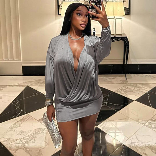 Deep V-long sleeved hip hugging dress