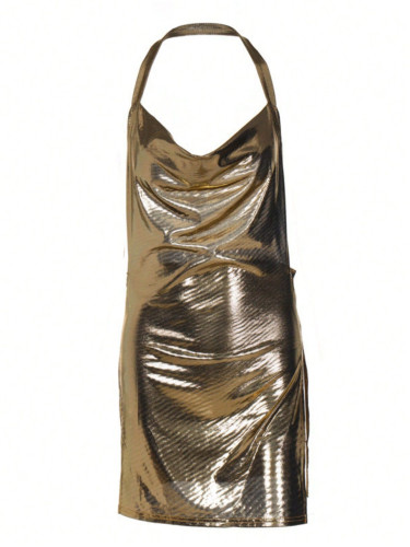 Bright face swing collar hanging neck backless suspender high slit dress