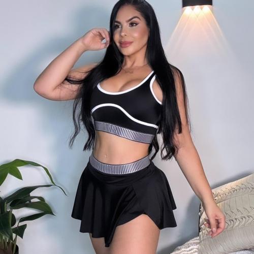 Two piece set of casual sports vest high stretch short skirt