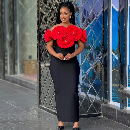 Three dimensional large flower shoulder wrapped bandage dress