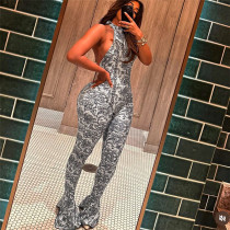 Digital printed sleeveless high waisted tight fitting backless jumpsuit