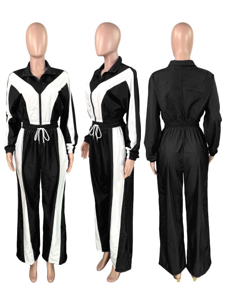 Color blocked zipper cardigan wide leg drawstring sports pants two-piece set