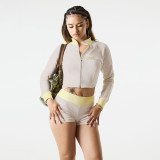 Stand up collar contrasting letters embroidered zipper sports shorts set