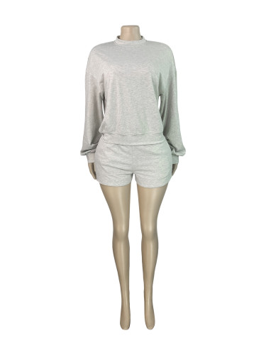 Long sleeved round neck pocket elastic drawstring shorts two-piece set