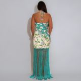 Hanging neck print backless sleeveless fringe dress