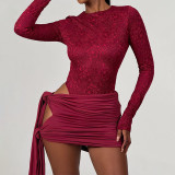 Round neck long sleeved lace patchwork jumpsuit short skirt two-piece set
