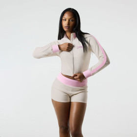 Stand up collar contrasting letters embroidered zipper sports shorts set