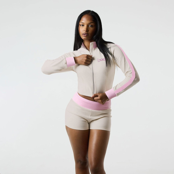 Stand up collar contrasting letters embroidered zipper sports shorts set
