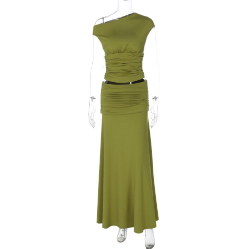 Slant neck off shoulder pleated long skirt set