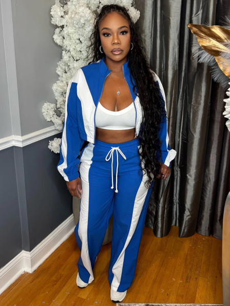 Color blocked zipper cardigan wide leg drawstring sports pants two-piece set