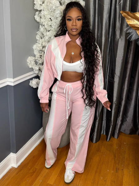 Color blocked zipper cardigan wide leg drawstring sports pants two-piece set