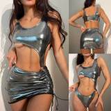 Sequined high stretch bodysuit jumpsuit short skirt