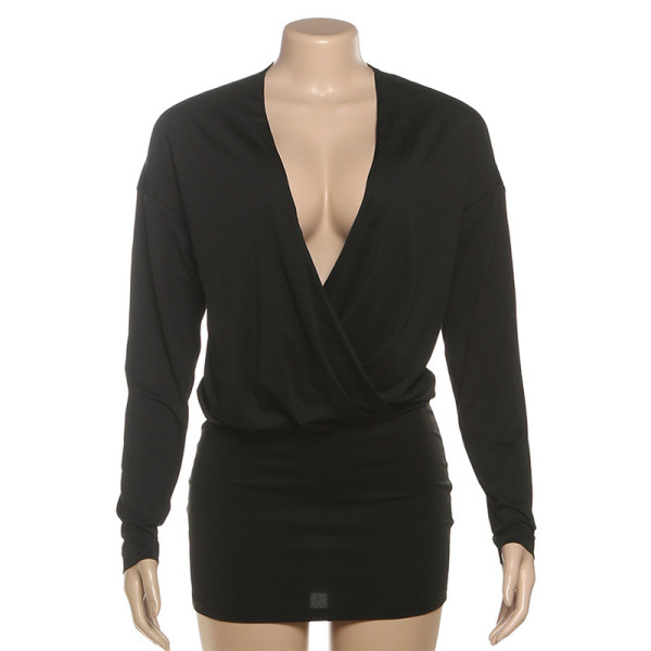 Deep V-long sleeved hip hugging dress
