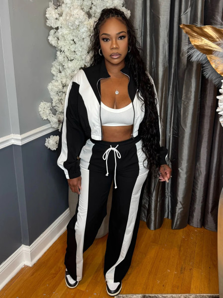 Color blocked zipper cardigan wide leg drawstring sports pants two-piece set