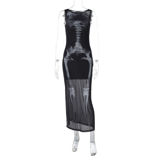 Skeleton print round neck mesh long dress