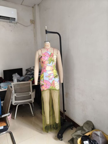 Hanging neck print backless sleeveless fringe dress