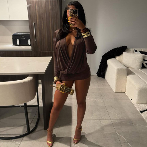 Deep V-long sleeved hip hugging dress