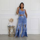Padded waistband straight-leg pants