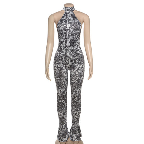 Digital printed sleeveless high waisted tight fitting backless jumpsuit