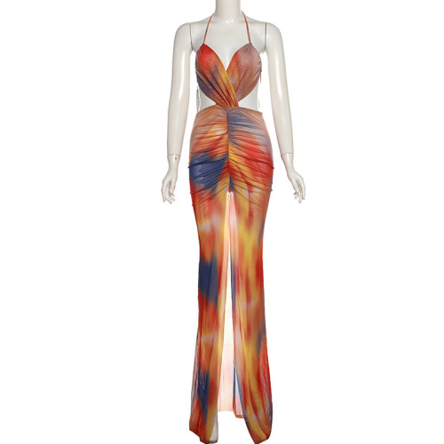 Hanging neck backless lace up printed mesh patchwork dress