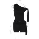 Slant collar sleeveless top with lace up shorts two-piece set