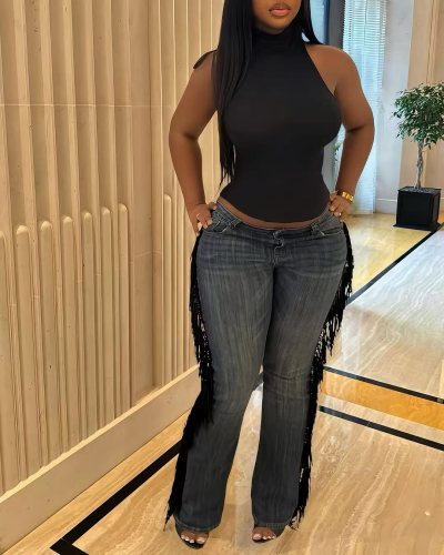 Fringed high waisted straight leg jeans