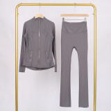 Golden zipper Slim fit stand up collar jacket and cropped bell-bottoms pants set, elastic quick drying fitness yoga suit
