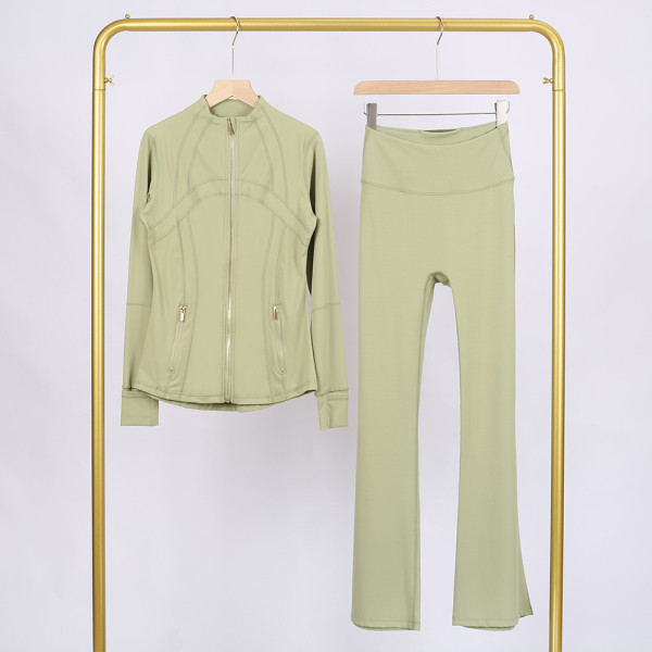 Golden zipper Slim fit stand up collar jacket and cropped bell-bottoms pants set, elastic quick drying fitness yoga suit
