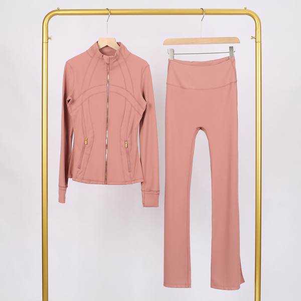Golden zipper Slim fit stand up collar jacket and cropped bell-bottoms pants set, elastic quick drying fitness yoga suit