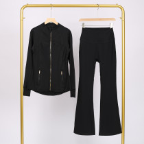 Golden zipper Slim fit stand up collar jacket and cropped bell-bottoms pants set, elastic quick drying fitness yoga suit