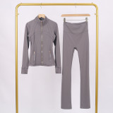 Golden zipper Slim fit stand up collar jacket and cropped bell-bottoms pants set, elastic quick drying fitness yoga suit