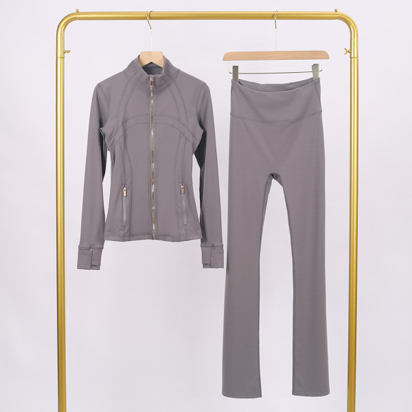 Golden zipper Slim fit stand up collar jacket and cropped bell-bottoms pants set, elastic quick drying fitness yoga suit