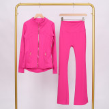 Golden zipper Slim fit stand up collar jacket and cropped bell-bottoms pants set, elastic quick drying fitness yoga suit