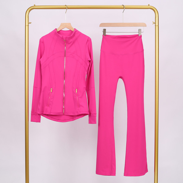 Golden zipper Slim fit stand up collar jacket and cropped bell-bottoms pants set, elastic quick drying fitness yoga suit