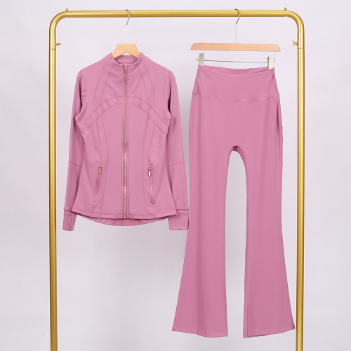 Golden zipper Slim fit stand up collar jacket and cropped bell-bottoms pants set, elastic quick drying fitness yoga suit