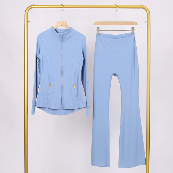 Golden zipper Slim fit stand up collar jacket and cropped bell-bottoms pants set, elastic quick drying fitness yoga suit