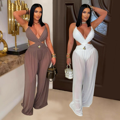 V-neck lace up backless see through jumpsuit pants