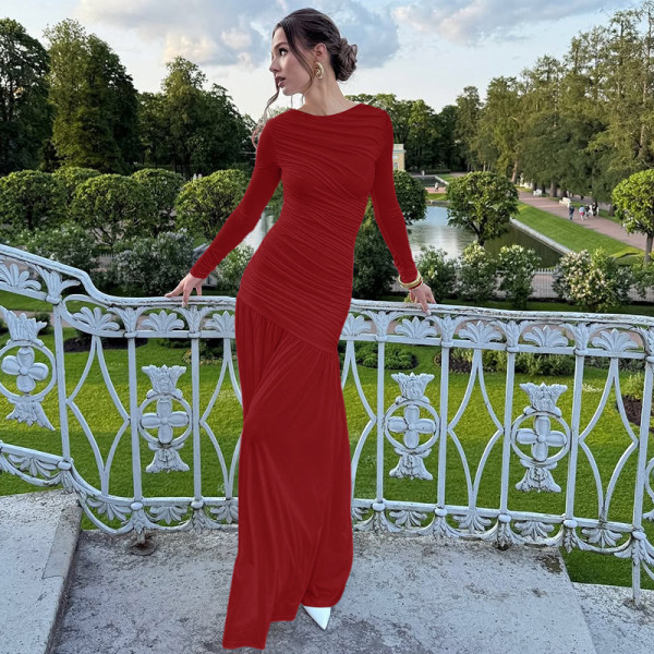 Pleated round neck long sleeved dress