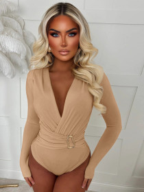 V-neck fitted long-sleeve bodysuit