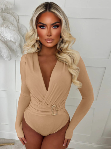 V-neck fitted long-sleeve bodysuit