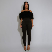 One shoulder hairy spliced milk silk jumpsuit slim fit pants