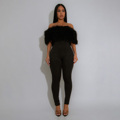 One shoulder hairy spliced milk silk jumpsuit slim fit pants