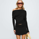 Slanted collar long sleeved short skirt set