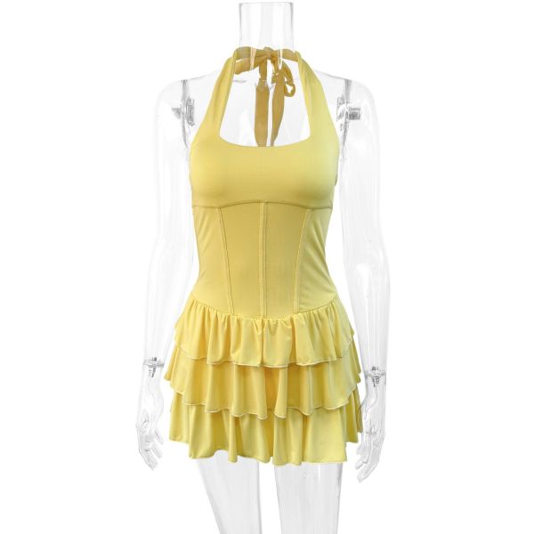 Square neck hanging neck tie backless short skirt dress