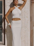 Two-piece long dress with off-shoulder crossover ruffles