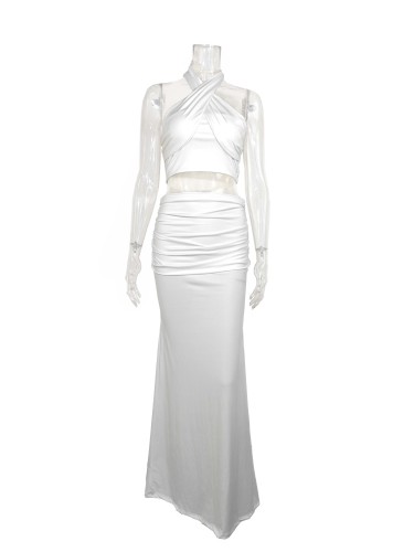 Two-piece long dress with off-shoulder crossover ruffles