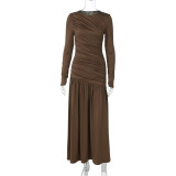 Pleated round neck long sleeved dress